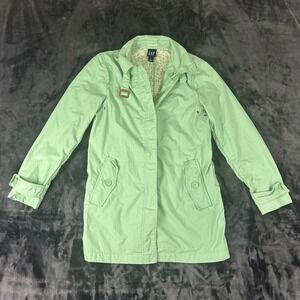 Gap Trench Coat Womens Medium Green Cotton Floral Lined Mid Length Jacket